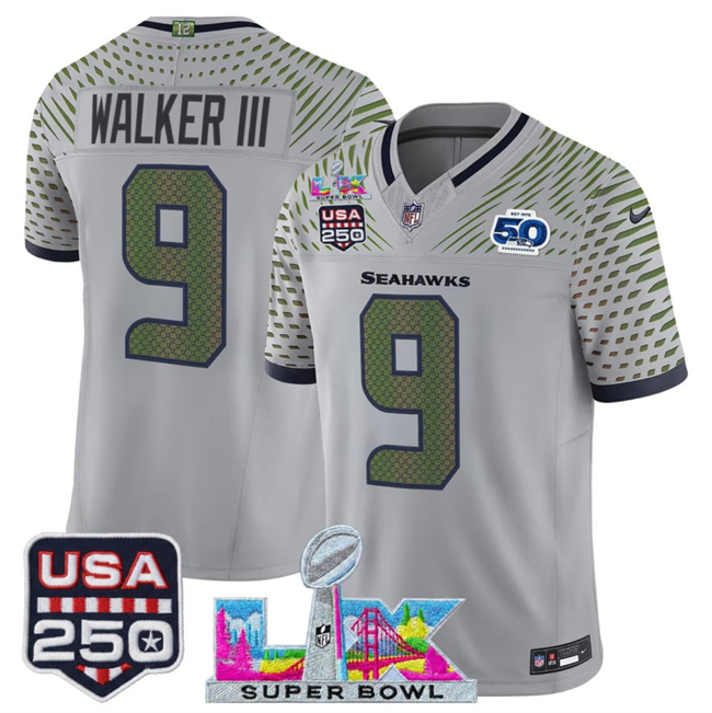 Men's Seattle Seahawks #9 Kenneth Walker III Gray 2025 F.U.S.E. Super Bowl LX & US 250th anniversary Patch And 50th Season Patch “Rivalries” Vapor Limited Football Stitched Jersey